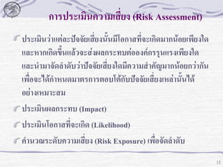 การประเมินความเสียง (Risk Assessment)
่
ประเมินว่าแต่ละปัจจัยเสี่ยงนั้นมีโอกาสที่จะเกิดมากน้อยเพียงใด
และหากเกิดขึ้นแล้วจะส่งผลกระทบต่อองค์กรรุนแรงเพียงใด
และนามาจัดลาดับว่าปัจจัยเสี่ยงใดมีความสาคัญมากน้อยกว่ากัน
เพื่อจะได้กาหนดมาตรการตอบโต้กบปัจจัยเสี่ยงเหล่านั้นได้
ั
อย่างเหมาะสม
ประเมินผลกระทบ (Impact)
ประเมินโอกาสที่จะเกิด (Likelihood)
คานวณระดับความเสี่ยง (Risk Exposure) เพื่อจัดลาดับ
12

 