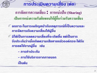 การประเมินความเสี่ยง (ต่อ)
การจัดการความเสี่ยง : การแบ่งปัน (Sharing)
เป็นการแบ่งความรับผิดชอบให้ผู้อนร่วมรับความเสี่ยง
ื่
ยกภาระในการเผชิญหน้ากับเหตุการณ์ที่เป็นความและ
การจัดการกับความเสียงให้ผู้อน
่
ื่
มิได้เป็นการลดความเสียงที่จะเกิดขึ้น แต่เป็นการ
่
รับประกันว่าเมื่อเกิดความเสียหายแล้วองค์กรจะได้รับ
การชดใช้จากผู้อื่น เช่น
- การทาประกัน
- การใช้บริการจากภายนอก
เป็นต้น
25

 