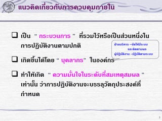 แนวคิดเกี่ยวกับการควบคุมภายใน
 เป็น “ กระบวนการ ” ที่รวมไว้หรือเป็นส่วนหนึ่งใน
ฝ่ายบริหาร –จัดให้มีระบบ
การปฏิบัติงานตามปกติ
และติดตามผล
ผู้ปฏิบัติงาน -ปฏิบัตตามระบบ
ิ

 เกิดขึ้นได้โดย “ บุคลากร” ในองค์กร

 ทาให้เกิด “ ความมั่นใจในระดับที่สมเหตุสมผล ”
เท่านั้น ว่าการปฏิบัติงานจะบรรลุวัตถุประสงค์ที่
กาหนด
5

 
