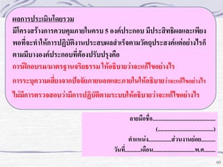 ผลการประเมินโดยรวม
มีโครงสร้างการควบคุมภายในครบ 5 องค์ประกอบ มีประสิทธิผลและเพียง
พอที่จะทาให้การปฏิบัติงานประสบผลสาเร็จตามวัตถุประสงค์แต่อย่างไรก็
ตามมีบางองค์ประกอบที่ต้องปรับปรุงคือ
การฝึกอบรม/มาตรฐานจริยธรรม ให้อธิบายว่าจะแก้ไขอย่างไร
การระบุความเสี่ยงจากปัจจัยภายนอกและภายในให้อธิบายว่าจะแก้ไขอย่างไร
ไม่มีการตรวจสอบว่ามีการปฏิบัตตามระบบให้อธิบายว่าจะแก้ไขอย่างไร
ิ
ลายมือชื่อ............................................
(.......................................)
ตาแหน่ง................ส่วนงานย่อย..........
วันที.่ ..........เดือน.............................พ.ศ........
60

60

 