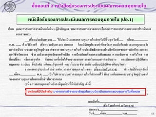 ขั้นตอนที่ 3 หนังสือรับรองการประเมินผลการควบคุมภายใน
หนังสือรับรองการประเมินผลการควบคุมภายใน (ปอ.1)
เรียน (คณะกรรมการตรวจเงินแผ่นดิน / ผู้กากับดูแล / คณะกรรมการตรวจสอบหรือคณะกรรมการตรวจสอบและประเมินผล
ภาคราชการ)
___(ชื่อหน่วยรับตรวจ) ..... ได้ประเมินผลการควบคุมภายในสาหรับปีสิ้นสุดวันที่ ...... เดือน....................
พ.ศ. ุ... ด้วยวิธีการที่ (ชื่อหน่วยรับตรวจ) กาหนด โดยมีวัตถุประสงค์เพื่อสร้างความมั่นใจอย่างสมเหตุสมผลว่า
การดาเนินงานจะบรรลุวัตถุประสงค์ของการควบคุมภายในด้านประสิทธิผลและประสิทธิภาพของการดาเนินงานและ
การใช้ทรัพยากร ซึ่งรวมถึงการดูแลรักษาทรัพย์สิน การปฺองกันหรือลดความผิดพลาด ความเสียหาย การรั่วไหล การ
สิ้นเปลือง หรือการทุจริต ด้านความเชื่อถือได้ของรายงานทางการเงินและการดาเนินงาน และด้านการปฏิบัติตาม
กฎหมาย ระเบียบ ข้อบังคับ มติคณะรัฐมนตรี และนโยบาย ซึ่งรวมถึงระเบียบปฏิบัติของฝูายบริหาร
จากผลการประเมินดังกล่าวเห็นว่าการควบคุมภายในของ (ชื่อหน่วยรับตรวจ)
สาหรับปีสิ้นสุดวันที่
...... เดือน..................... พ.ศ. ....... เป็นไปตามระบบการควบคุมภายในที่กาหนดไว้ มีความเพียงพอและบรรลุวัตถุประสงค์
ของการควบคุมภายในตามที่กล่าวในวรรคแรก
(อนึ่ง การควบคุมภายในยังคงมีจุดอ่อนที่มีนัยสาคัญ ดังนี้
1.............................................................................................................................................................................
จุดอ่อนที่มีนัยสาคัญ มาจากการพิจารณาข้อมูลในแบบประเมินผลการควบคุมภายในทั้งหมด
2.......................................................................................................................................................................ุ)
ลายมือชื่อ.......................................................
(ชื่อหัวหน้าหน่วยรับตรวจ)
ตาแหน่ง.......................................................
วันที่........เดือน.......................พ.ศ..............

68

 