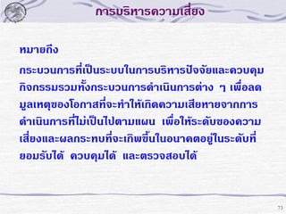 การบริหารความเสี่ยง
หมายถึง
กระบวนการที่เป็นระบบในการบริหารปัจจัยและควบคุม
กิจกรรมรวมทั้งกระบวนการดาเนินการต่าง ๆ เพื่อลด
มูลเหตุของโอกาสที่จะทาให้เกิดความเสียหายจากการ
ดาเนินการที่ไม่เป็นไปตามแผน เพื่อให้ระดับของความ
เสี่ยงและผลกระทบที่จะเกิพขึ้นในอนาคตอยู่ในระดับที่
ยอมรับได้ ควบคุมได้ และตรวจสอบได้

73

 
