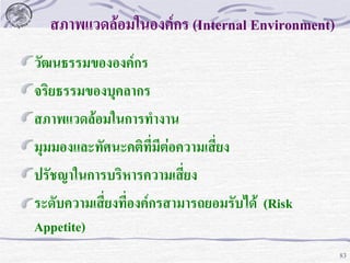สภาพแวดล้อมในองค์กร (Internal Environment)
วัฒนธรรมขององค์กร
จริยธรรมของบุคลากร
สภาพแวดล้อมในการทางาน
มุมมองและทัศนะคติที่มีต่อความเสี่ยง
ปรัชญาในการบริหารความเสี่ยง
ระดับความเสี่ยงที่องค์กรสามารถยอมรับได้ (Risk
Appetite)
83

 