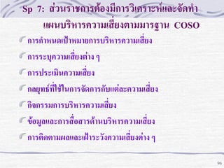 Sp 7: ส่วนราชการต้องมีการวิเคราะห์และจัดทา
แผนบริหารความเสี่ยงตามมารฐาน COSO
การกาหนดเปฺาหมายการบริหารความเสี่ยง
การระบุความเสี่ยงต่าง ๆ
การประเมินความเสี่ยง
กลยุทธ์ที่ใช้ในการจัดการกับแต่ละความเสี่ยง
กิจกรรมการบริหารความเสี่ยง
ข้อมูลและการสื่อสารด้านบริหารความเสี่ยง
การติดตามผลและเฝฺาระวังความเสี่ยงต่าง ๆ
96

 