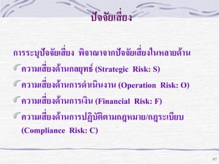 ปัจจัยเสี่ยง
การระบุปัจจัยเสี่ยง พิจาณาจากปัจจัยเสี่ยงในหลายด้าน
ความเสี่ยงด้านกลยุทธ์ (Strategic Risk: S)
ความเสี่ยงด้านการดาเนินงาน (Operation Risk: O)
ความเสี่ยงด้านการเงิน (Financial Risk: F)
ความเสี่ยงด้านการปฏิบัติตามกฎหมาย/กฎระเบียบ
(Compliance Risk: C)
97

 
