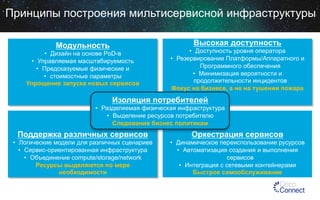Принципы построения мильтисервисной инфраструктуры
Высокая доступность

Модульность
•  Дизайн на основе PoD-в
•  Управляемая масштабируемость
•  Предсказуемые физические и
•  стоимостные параметры
Упрощение запуска новых сервисов

•  Доступность уровня оператора
•  Резервирование Платформы/Аппаратного и
Программного обеспечения
•  Минимизация вероятности и
продолжительности инцидентов
Фокус на бизнесе, а не на тушении пожара

Изоляция потребителей
•  Разделяемая физическая инфраструктура
•  Выделение ресурсов потребителю
Следование бизнес политикам

Поддержка различных сервисов

Оркестрация сервисов

•  Логические модели для различных сценариев
•  Сервис-ориентированная инфраструктура
•  Объединение compute/storage/network
Ресурсы выделяются по мере
необходимости

•  Динамическое переиспользование русурсов
•  Автоматизация создания и выполнения
сервисов
•  Интеграция с сетевыми контейнерами
Быстрое самообслуживание

 