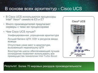 В основе всех архитектур - Cisco UCS
•  В Cisco UCS используются процессоры

Intel® Xeon® семейств E5 и E7

•  Много производителей предлагают

Cisco® UCS

•  Чем Cisco UCS лучше?
Унифицированная, упрощенная архитектура
Лучший баланс ЦПУ, ОЗУ и ресурсов ввода
вывода
Отсутствие узких мест в архитектуре,
вызывающих недозагрузку ЦПУ
Конструктив шасси обеспечивающий лучшее
охлаждение позволяет использовать все
преимущества технологии Intel Turbo Boost

Memory

серверы с теми же процессорами

CPU
Unified Fabric
(FCoE)

Результат Более 70 мировых рекордов производительности

 