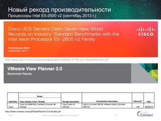Новый рекорд производительности
Процессоры Intel E5-2600 v2 (сентябрь 2013 г.)

http://www.cisco.com/en/US/prod/collateral/ps10265/le_41706_pb_ivbworldrecords.pdf

http://www.vmware.com/pdf/ViewPlanner-3.0-results.pdf
12/4/13

© 2013 Cisco and/or its affiliates. All rights reserved.

19

 