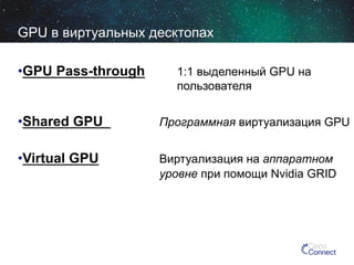 GPU в виртуальных десктопах
• GPU Pass-through

1:1 выделенный GPU на
пользователя

• Shared GPU

Программная виртуализация GPU

• Virtual GPU

Виртуализация на аппаратном
уровне при помощи Nvidia GRID

 