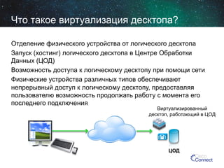 Что такое виртуализация десктопа?
Отделение физического устройства от логического десктопа
Запуск (хостинг) логического десктопа в Центре Обработки
Данных (ЦОД)
Возможность доступа к логическому десктопу при помощи сети
Физические устройства различных типов обеспечивают
непрерывный доступ к логическому десктопу, предоставляя
пользователю возможность продолжать работу с момента его
последнего подключения

Виртуализированный
десктоп, работающий в ЦОД

ЦОД

 