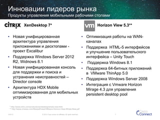 Инновации лидеров рынка
Продукты управления мобильными рабочими столами
XenDesktop 7*
•  Новая унифицированная
архитектура управления
приложениями и десктопами проект Excalibur
•  Поддержка Windows Server 2012
R2, Widnows 8.1
•  Новая унифицированная консоль
для поддержки и поиска и
устранения неисправностей –
Director console
•  Архитектура HDX Mobile
оптимизированная для мобильных
устройств

Horizon View 5.3**
•  Оптимизация работы на WANканалах
•  Поддержка HTML-5 интерфейсов
и улучшение пользовательского
интерфейса – Unity Touch
•  Поддержка Windows 8.1
•  Поддержка 64-битных приложений
в VMware ThinApp 5.0
•  Поддержка Windows Server 2008
•  Интеграция с Vmware Horizon
Mirage 4.3 для управления
persistent desktop pool

* http://www.citrix.com/products/xendesktop/whats-new.html
** http://www.vmware.com/files/pdf/view/VMware-Horizon-View-Whats-New.pdf
12/4/13

© 2013 Cisco and/or its affiliates. All rights reserved.

7

 