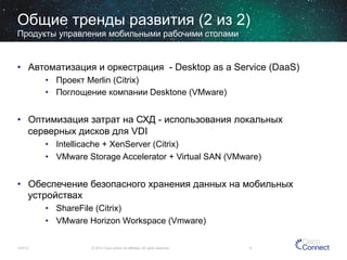Общие тренды развития (2 из 2)
Продукты управления мобильными рабочими столами

•  Автоматизация и оркестрация - Desktop as a Service (DaaS)
•  Проект Merlin (Сitrix)
•  Поглощение компании Desktone (VMware)

•  Оптимизация затрат на СХД - использования локальных
серверных дисков для VDI
•  Intellicache + XenServer (Citrix)
•  VMware Storage Accelerator + Virtual SAN (VMware)

•  Обеспечение безопасного хранения данных на мобильных
устройствах
•  ShareFile (Citrix)
•  VMware Horizon Workspace (Vmware)
12/4/13

© 2013 Cisco and/or its affiliates. All rights reserved.

9

 
