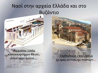 Ναοί ςτθν αρχαία Ελλάδα και ςτο
Βυηάντιο

Ἀρχαῖος ναὸς
κατοικητήριο Θεοῦ,
ἀπαγορευμένο…

Ὀρθόδοξη ἐκκλησία
χῶρος σύναξης πιστῶν…

 