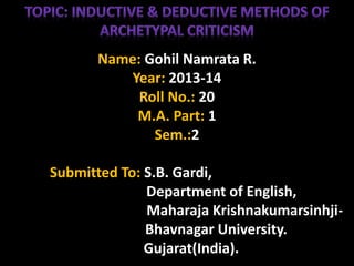 Name: Gohil Namrata R.
Year: 2013-14
Roll No.: 20
M.A. Part: 1
Sem.:2
Submitted To: S.B. Gardi,
Department of English,
Maharaja Krishnakumarsinhji-
Bhavnagar University.
Gujarat(India).
 