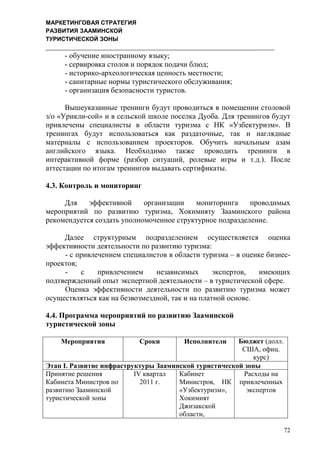 МАРКЕТИНГОВАЯ СТРАТЕГИЯ
РАЗВИТИЯ ЗААМИНСКОЙ
ТУРИСТИЧЕСКОЙ ЗОНЫ
72
- обучение иностранному языку;
- сервировка столов и порядок подачи блюд;
- историко-археологическая ценность местности;
- санитарные нормы туристического обслуживания;
- организация безопасности туристов.
Вышеуказанные тренинги будут проводиться в помещении столовой
з/о «Урикли-сой» и в сельской школе поселка Дуоба. Для тренингов будут
привлечены специалисты в области туризма с НК «Узбектуризм». В
тренингах будут использоваться как раздаточные, так и наглядные
материалы с использованием проекторов. Обучить начальным азам
английского языка. Необходимо также проводить тренинги в
интерактивной форме (разбор ситуаций, ролевые игры и т.д.). После
аттестации по итогам тренингов выдавать сертификаты.
4.3. Контроль и мониторинг
Для эффективной организации мониторинга проводимых
мероприятий по развитию туризма, Хокимияту Зааминского района
рекомендуется создать уполномоченное структурное подразделение.
Далее структурным подразделением осуществляется оценка
эффективности деятельности по развитию туризма:
- с привлечением специалистов в области туризма – в оценке бизнес-
проектов;
- с привлечением независимых экспертов, имеющих
подтвержденный опыт экспертной деятельности – в туристической сфере.
Оценка эффективности деятельности по развитию туризма может
осуществляться как на безвозмездной, так и на платной основе.
4.4. Программа мероприятий по развитию Зааминской
туристической зоны
Мероприятия Сроки Исполнители Бюджет (долл.
США, офиц.
курс)
Этап I. Развитие инфраструктуры Зааминской туристической зоны
Принятие решения
Кабинета Министров по
развитию Зааминской
туристической зоны
IV квартал
2011 г.
Кабинет
Министров, НК
«Узбектуризм»,
Хокимият
Джизакской
области,
Расходы на
привлеченных
экспертов
 