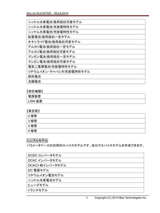 Doc no WJLIST020 05JUL2014
5 Copyright (C) 2014 Bee Technologies Inc.
【測定機器】
電源装置
LISN 装置
【真空管】
2 極管
3 極管
4 極管
5 極管
シンプルモデル
パラメータベースの汎用のスパイスモデルです。自分でスパイスモデルを作成できます。
ニッケル水素電池/負荷抵抗可変モデル
ニッケル水素電池/充放電特性モデル
ニッケル水素電池/充放電特性モデル
鉛蓄電池/負荷抵抗一定モデル
オキシライド電池/負荷抵抗可変モデル
アルカリ電池/負荷抵抗一定モデル
アルカリ電池/負荷抵抗可変モデル
マンガン電池/負荷抵抗一定モデル
マンガン電池/負荷抵抗可変モデル
電気二重層電池/充放電特性モデル
リチウムイオン・キャパシタ/充放電特性モデル
燃料電池
太陽電池
DCDC コンバータモデル
DCAC インバータモデル
DCAC3 相インバータモデル
DC 電源モデル
リチウムイオン電池モデル
ニッケル水素電池モデル
ヒューズモデル
トランスモデル
 
