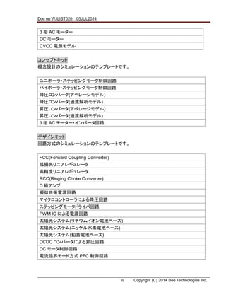 Doc no WJLIST020 05JUL2014
6 Copyright (C) 2014 Bee Technologies Inc.
コンセプトキット
概念設計のシミュレーションのテンプレートです。
デザインキット
回路方式のシミュレーションのテンプレートです。
3 相 AC モーター
DC モーター
CVCC 電源モデル
ユニポーラ・ステッピングモータ制御回路
バイポーラ・ステッピングモータ制御回路
降圧コンバータ(アベレージモデル)
降圧コンバータ(過渡解析モデル)
昇圧コンバータ(アベレージモデル)
昇圧コンバータ(過渡解析モデル)
3 相 AC モーター・インバータ回路
FCC(Forward Coupling Converter)
低損失リニアレギュレータ
高精度リニアレギュレータ
RCC(Ringing Choke Converter)
D 級アンプ
擬似共振電源回路
マイクロコントローラによる降圧回路
ステッピングモータドライバ回路
PWM IC による電源回路
太陽光システム(リチウムイオン電池ベース)
太陽光システム(ニッケル水素電池ベース)
太陽光システム(鉛蓄電池ベース)
DCDC コンバータによる昇圧回路
DC モータ制御回路
電流臨界モード方式 PFC 制御回路
 