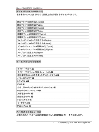 Doc no WJLIST020 05JUL2014
7 Copyright (C) 2014 Bee Technologies Inc.
デザインキット(Kindle+SPICE)
電子書籍(キンドル)と SPICE で回路方式を学習するデザインキットです。
デバイスモデリング学習教材
スパイスモデル検証サービス
ご使用のスパイスモデルの評価検証を行い、評価検証レポートを作成致します。
降圧チョッパ回路方式(LTspice)
降圧チョッパ回路方式(PSpice)
昇圧チョッパ回路方式(LTspice)
昇圧チョッパ回路方式(PSpice)
昇降圧チョッパ回路方式(LTspice)
昇降圧チョッパ回路方式(PSpice)
フォワード・コンバータ回路方式(LTspice)
フォワード・コンバータ回路方式(PSpice)
フライバック・コンバータ回路方式(LTspice)
フライバック・コンバータ回路方式(PSpice)
フルブリッジ回路方式(LTspice)
フルブリッジ回路方式(PSpice)
ダイオードモデル編
ダイオードモデル+ノイズシミュレーション編
逆回復特性(trj+trb)を考慮したダイオードモデル編
パワーMOSFET 編
トランジスタ編
IGBT 編
白色 LED+バックライト制御シミュレーション編
PSpice シミュレーション事例
太陽電池モデル編
受動部品モデル編
トランスモデル編
モータモデル編
PSpice AAO 編
 