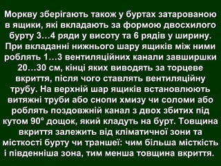 Моркву зберігають також уу ббууррттаахх ззааттааррооввааннооюю 
вв яящщииккии,, яяккіі ввккллааддааююттьь ззаа ффооррммооюю ддввооссххииллооггоо 
ббууррттуу 33……44 рряяддии уу ввииссооттуу ттаа 66 рряяддіівв уу шшииррииннуу.. 
ППррии ввккллааддаанннніі нниижжннььооггоо шшаарруу яящщииккіівв ммііжж ннииммии 
ррообблляяттьь 11……33 ввееннттиилляяццііййнниихх ккааннааллии ззааввшшиирршшккии 
2200……3300 ссмм,, ккііннцціі яяккиихх ввииввооддяяттьь ззаа ттооррццееввее 
ввккррииттттяя,, ппіісслляя ччооггоо ссттааввлляяттьь ввееннттиилляяццііййннуу 
ттррууббуу.. ННаа ввееррххнніійй шшаарр яящщииккіівв ввссттааннооввллююююттьь 
ввииттяяжжнніі ттррууббии ааббоо ссннооппии ххммииззуу ччии ссооллооммии ааббоо 
ррообблляяттьь ппооззддооввжжнніійй ккааннаалл зз ддввоохх ззббииттиихх ппіідд 
ккууттоомм 9900°° ддоощщоокк,, яяккиийй ккллааддууттьь ннаа ббуурртт.. ТТооввщщииннаа 
ввккррииттттяя ззааллеежжииттьь ввіідд ккллііммааттииччннооїї ззооннии ттаа 
ммііссттккооссттіі ббууррттуу ччии ттрраанншшееїї:: ччиимм ббііллььшшаа ммііссттккііссттьь 
іі ппііввддеенннніішшаа ззооннаа,, ттиимм ммеенншшаа ттооввщщииннаа ввккррииттттяя.. 
 