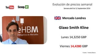 Evolución de precios semanal 
Semana del 8 al 12 Septiembre 2014 
Mercado Londres 
Glaxo Smith Kline 
Lunes 14,3250 GBP 
Viernes 14,4280 GBP 
Fuente : Inversis Banco 
 