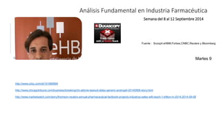Análisis Fundamental en Industria Farmacéutica 
Semana del 8 al 12 Septiembre 2014 
Fuente : Scoopit eHBM,Forbes,CNBC,Reuters y Bloomberg 
http://www.cnbc.com/id/101980894 
http://www.chicagotribune.com/business/breaking/chi-abbvie-lawsuit-delay-generic-androgel-20140908-story.html 
Martes 9 
http://www.marketwatch.com/story/thomson-reuters-annual-pharmaceutical-factbook-projects-industrys-sales-will-reach-1-trillion-in-2014-2014-09-08 
 