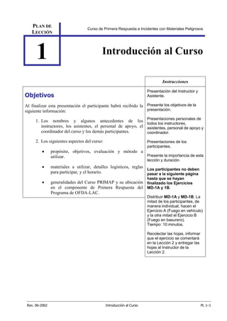 Rev. 06-2002 Introducción al Curso PL 1–1
PLAN DE
LECCIÓN
Curso de Primera Respuesta a Incidentes con Materiales Peligrosos
1 Introducción al Curso
Instrucciones
Objetivos
Al finalizar esta presentación el participante habrá recibido la
siguiente información:
1. Los nombres y algunos antecedentes de los
instructores, los asistentes, el personal de apoyo, el
coordinador del curso y los demás participantes.
2. Los siguientes aspectos del curso:
• propósito, objetivos, evaluación y método a
utilizar.
• materiales a utilizar, detalles logísticos, reglas
para participar, y el horario.
• generalidades del Curso PRIMAP y su ubicación
en el componente de Primera Respuesta del
Programa de OFDA-LAC.
Presentación del Instructor y
Asistente.
Presente los objetivos de la
presentación.
Presentaciones personales de
todos los instructores,
asistentes, personal de apoyo y
coordinador.
Presentaciones de los
participantes.
Presente la importancia de esta
lección y duración.
Los participantes no deben
pasar a la siguiente página
hasta que se hayan
finalizado los Ejercicios
MD-1A y 1B.
Distribuir MD-1A y MD-1B. La
mitad de los participantes, de
manera individual, hacen el
Ejercicio A (Fuego en vehículo)
y la otra mitad el Ejercicio B
(Fuego en basurero).
Tiempo: 10 minutos.
Recolectar las hojas, informar
que el ejercicio se comentará
en la Lección 2 y entregar las
hojas al Instructor de la
Lección 2.
 