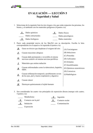 Curso PRIMAP
Rev. 06-2002 Seguridad y Salud EV-INST 5-1
EVALUACIÓN — LECCIÓN 5
Seguridad y Salud
1. Seleccionar de la siguiente lista los tres riesgos a los que están expuestos las personas, los
bienes, y el ambiente con los materiales peligrosos (4 puntos c/u).
X Daños químicos
_____ Daños estructurales
X Daños biológicos
X Daños físicos
_____ Daños psicológicos
_____ Daños materiales
2. Paree cada propiedad nociva de los Mat-Pel con su descripción. Escriba la letra
correspondiente en el espacio a la izquierda (4 puntos c/u).
D Gases no tóxicos que desplazan el oxígeno del aire.
F Causan reacciones alérgicas
G
Causan daño permanente o reversible al sistema
nervioso central o al sistema nervioso periférico
I Materiales que emiten radiación
B
Causan enfermedades como la tuberculosis, hepatitis,
SIDA
E
Causan inflamación temporal y posiblemente severa
de los ojos, piel y tractos respiratorio y digestivo
A Causan cáncer
H Destruyen químicamente el tejido humano
(A) Carcinógenos
(B) Infecciosos
(C) Ponzoñas
(D) Asfixiantes
(E) Irritantes
(F) Sensibilizantes
(G) Químicos neurotóxicos
(H) Corrosivos
(I) Radiológicos
3. Son consideradas las cuatro vías principales de exposición directa (marque solo cuatro;
5 puntos c/u):
_____ Metabolismo
X Contacto con la piel
X Inhalación
_____ Exposición
X Ingestión
X Contacto ocular
_____ Contaminación
 