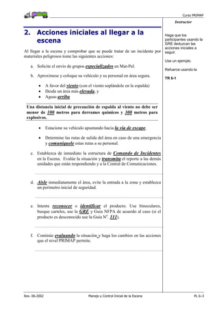 Curso PRIMAP
Rev. 06-2002 Manejo y Control Inicial de la Escena PL 6–3
Instructor
2. Acciones iniciales al llegar a la
escena
Al llegar a la escena y comprobar que se puede tratar de un incidente por
materiales peligrosos tome las siguientes acciones:
a. Solicite el envío de grupos especializados en Mat-Pel.
b. Aproxímese y coloque su vehículo y su personal en área segura.
• A favor del viento (con el viento soplándole en la espalda)
• Desde un área más elevada, y
• Aguas arriba
Una distancia inicial de precaución de espalda al viento no debe ser
menor de 100 metros para derrames químicos y 300 metros para
explosivos.
Haga que los
participantes usando la
GRE deduzcan las
acciones iniciales a
seguir.
Use un ejemplo.
Refuerce usando la
TR 6-1
• Estacione su vehículo apuntando hacia la vía de escape.
• Determine las rutas de salida del área en caso de una emergencia
y comuníquele estas rutas a su personal.
c. Establezca de inmediato la estructura de Comando de Incidentes
en la Escena. Evalúe la situación y transmita el reporte a las demás
unidades que están respondiendo y a la Central de Comunicaciones.
...........................................................................................................................................................................
d. Aísle inmediatamente el área, evite la entrada a la zona y establezca
un perímetro inicial de seguridad.
...........................................................................................................................................................................
e. Intente reconocer o identificar el producto. Use binoculares,
busque carteles, use la GRE y Guía NFPA de acuerdo al caso (si el
producto es desconocido use la Guía No
. 111).
...........................................................................................................................................................................
f. Continúe evaluando la situación y haga los cambios en las acciones
que el nivel PRIMAP permite.
...........................................................................................................................................................................
 