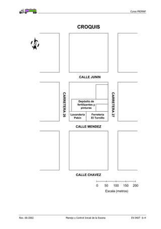 Curso PRIMAP
Rev. 06-2002 Manejo y Control Inicial de la Escena EV-INST 6–4
CALLE JUNIN
CALLE MENDEZ
CARRETERA27
CARRETERA26
CROQUIS
0 50 100 150 200
Escala (metros)
Lavandería
Pekin
Ferretería
El Tornillo
Depósito de
fertilizantes y
pinturas
N
CALLE CHAVEZ
 