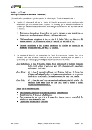 Curso PRIMAP
Rev. 06-2002 Manejo y Control Inicial de la Escena EV-INST 6–5
HORA: 10:55 AM
Mensaje 03 (tiempo acumulado: 10 minutos)
(Recuerde a los participantes que les quedan 20 minutos para finalizar la evaluación.)
4. Pasados 10 minutos el Jefe de la Unidad de Mat-Pel se comunica con usted por radio
informando que en 5 minutos estará llegando a la escena y que le informe de la situación.
Escriba que información le suministrará para entregarle el Comando del Incidente. (Valor
15 puntos).
• Tenemos un incendio en desarrollo y sin control iniciado en una lavandería que
luego pasó a un depósito de fertilizantes y pinturas adyacente
• El Comando está ubicado en la intersección de la Calle Chávez con Carretera 26,
aunque estamos considerando recolocarlo a unos 1.300 mts. más al sur.
• Estamos atendiendo a tres víctimas quemadas. La Policía ha establecido un
perímetro de seguridad de 1.600 mts. a la redonda.
5. Los técnicos de Mat-Pel han establecido las Zonas de Aislamiento caliente, tibia y fría.
Describa cada una de ellas e indique en cuál Usted se ubicaría para dar apoyo a la
operación y qué tipo de apoyo Usted pudiera ofrecer. (Valor: 10 puntos)
Zona Caliente: Es el área de máximo peligro donde está ubicado el material peligroso.
Solo puede entrar el personal que esté adecuadamente capacitado,
entrenado y protegido.
Zona Tibia: Es el área de transición ubicada entre la Zona Caliente y la Zona Fría.
Esta área alejada del peligro evita que los contaminantes se propaguen
hacia áreas no afectadas. Se requiere protección para estar en ella.
Zona Fría: Es el área fuera del rango de contaminación potencial. El público y los
curiosos deben estar fuera de esta zona. Aquí es donde el primer
respondedor se puede ubicar.
Apoyo que se pudiera ofrecer:
• Atención pre-hospitalaria a víctimas y primeros respondedores
• Establecimiento de áreas de rehabilitación
• Descontaminación en zona fría y de acuerdo a instrucciones y control de los
técnicos en materiales peligrosos.
• Operaciones defensivas de extinción
 