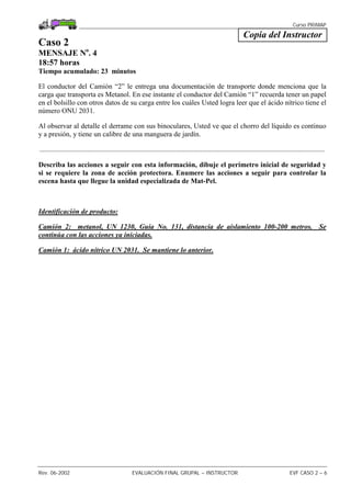 Curso PRIMAP
Rev. 06-2002 EVALUACIÓN FINAL GRUPAL – INSTRUCTOR EVF CASO 2 – 6
Copia del Instructor
Caso 2
MENSAJE No
. 4
18:57 horas
Tiempo acumulado: 23 minutos
El conductor del Camión “2” le entrega una documentación de transporte donde menciona que la
carga que transporta es Metanol. En ese instante el conductor del Camión “1” recuerda tener un papel
en el bolsillo con otros datos de su carga entre los cuáles Usted logra leer que el ácido nítrico tiene el
número ONU 2031.
Al observar al detalle el derrame con sus binoculares, Usted ve que el chorro del líquido es continuo
y a presión, y tiene un calibre de una manguera de jardín.
.................................................................................................................................................................
Describa las acciones a seguir con esta información, dibuje el perímetro inicial de seguridad y
si se requiere la zona de acción protectora. Enumere las acciones a seguir para controlar la
escena hasta que llegue la unidad especializada de Mat-Pel.
Identificación de producto:
Camión 2: metanol, UN 1230, Guía No. 131, distancia de aislamiento 100-200 metros. Se
continúa con las acciones ya iniciadas.
Camión 1: ácido nítrico UN 2031. Se mantiene lo anterior.
 