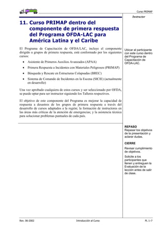 Curso PRIMAP
Rev. 06-2002 Introducción al Curso PL 1–7
Instructor
11. Curso PRIMAP dentro del
componente de primera respuesta
del Programa OFDA-LAC para
América Latina y el Caribe
El Programa de Capacitación de OFDA/LAC, incluye el componente
dirigido a grupos de primera respuesta, está conformado por los siguientes
cursos:
• Asistente de Primeros Auxilios Avanzados (APAA)
• Primera Respuesta a Incidentes con Materiales Peligrosos (PRIMAP)
• Búsqueda y Rescate en Estructuras Colapsadas (BREC)
• Sistema de Comando de Incidentes en la Escena (SICIE) (actualmente
en desarrollo)
Una vez aprobado cualquiera de estos cursos y ser seleccionado por OFDA,
se puede optar para ser instructor siguiendo los Talleres respectivos.
El objetivo de este componente del Programa es mejorar la capacidad de
respuesta a desastres de los grupos de primera respuesta a través del
desarrollo de cursos adaptados a la región; la formación de instructores en
las áreas más críticas de la atención de emergencias; y la asistencia técnica
para solucionar problemas puntuales de cada país.
Ubicar al participante
con este curso dentro
del Programa de
Capacitación de
OFDA-LAC.
REPASO
Repasar los objetivos
de la presentación y
aclarar dudas.
CIERRE
Revisar cumplimiento
de objetivos.
Solicite a los
participantes que
llenen y entreguen la
Evaluación de la
lección antes de salir
de clase.
 
