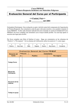 Rev. 06-2002 Introducción al Curso PL 1–9
Curso PRIMAP
Primera Respuesta Incidentes con Materiales Peligrosos
Evaluación General del Curso por el Participante
<<Ciudad, País>>
____ de ___________ del 2001
Estimado(a) Participante: Esta evaluación es parte vital del control del componente de Capacitación
de Primera Respuesta. Sus comentarios serán de gran valor para nosotros y nos ayudará a mejorar el
Curso PRIMAP. Evalúe cada elemento indicado del curso tomando en cuenta la totalidad del Curso
PRIMAP. Por favor complete este formulario con el mayor detalle posible. Use una hoja aparte si
necesita más lugar para escribir.
Por favor complete esta ficha al finalizar el curso. Haga sus comentarios en las columnas de
“Positivo” y “Por mejorar”. En la columna de Calificación, utilice la escala de 1-7, como sigue:
1
Pésimo
2
Muy malo
3
Malo
4
Regular
5
Bueno
6
Muy bueno
7
Excelente
E v a l u a c i ó n G e n e r a l d e l C u r s o P R I M AP
Calificación ComentariosElemento del
Curso ▼ Positivo Por mejorar
Trabajo Previo
Manual del
Participante
Secuencia de las
materias
Trabajo en grupo
 