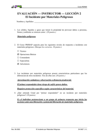 Curso PRIMAP
Rev. 06-2002 El Incidente por Materiales Peligrosos EV-INST 2–1
EVALUACIÓN — INSTRUCTOR — LECCIÓN 2
El Incidente por Materiales Peligrosos
Nombres y Apellidos: _________________________________________________
1. Los sólidos, líquidos y gases que tienen la propiedad de provocar daños a personas,
bienes y ambiente se conocen como: (20 puntos.)
Materiales peligrosos
2. El Curso PRIMAP capacita para los siguientes niveles de respuesta a incidentes con
materiales peligrosos: (Marque los correctos. 20 puntos.)
Técnico
Operaciones Básicas
Comandante
Especialista
Advertencia
3. Los incidentes por materiales peligrosos poseen características particulares que los
diferencian de otros incidentes. Tres de ellas son: (20 puntos.)
Aproximación cuidadosa y observación a distancia prudencial.
El primer respondedor tiene riesgo de sufrir graves daños.
Requiere protección específica según características del material.
4. ¿Qué entiende Usted por “primer respondedor” en un incidente por materiales
peligrosos? (20 puntos)
Es el individuo perteneciente a un grupo de primera respuesta que inicia las
acciones ante una liberación o potencial liberación de materiales peligrosos.
 