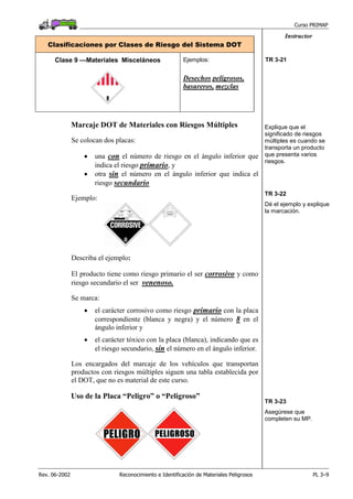 Curso PRIMAP
Rev. 06-2002 Reconocimiento e Identificación de Materiales Peligrosos PL 3–9
Instructor
Clasificaciones por Clases de Riesgo del Sistema DOT
Clase 9 —Materiales Misceláneos Ejemplos:
Desechos peligrosos,
basureros, mezclas
TR 3-21
Marcaje DOT de Materiales con Riesgos Múltiples
Se colocan dos placas:
• una con el número de riesgo en el ángulo inferior que
indica el riesgo primario, y
• otra sin el número en el ángulo inferior que indica el
riesgo secundario
Explique que el
significado de riesgos
múltiples es cuando se
transporta un producto
que presenta varios
riesgos.
Ejemplo:
Describa el ejemplo:
El producto tiene como riesgo primario el ser corrosivo y como
riesgo secundario el ser venenoso.
TR 3-22
Dé el ejemplo y explique
la marcación.
Se marca:
• el carácter corrosivo como riesgo primario con la placa
correspondiente (blanca y negra) y el número 8 en el
ángulo inferior y
• el carácter tóxico con la placa (blanca), indicando que es
el riesgo secundario, sin el número en el ángulo inferior.
Los encargados del marcaje de los vehículos que transportan
productos con riesgos múltiples siguen una tabla establecida por
el DOT, que no es material de este curso.
Uso de la Placa “Peligro” o “Peligroso”
TR 3-23
Asegúrese que
completen su MP.
 