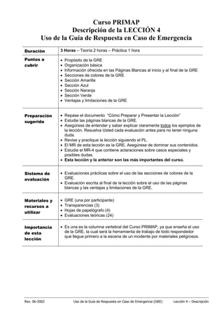 Rev. 06-2002 Uso de la Guía de Respuesta en Caso de Emergencia (GRE) Lección 4 – Descripción
Curso PRIMAP
Descripción de la LECCIÓN 4
Uso de la Guía de Respuesta en Caso de Emergencia
Duración 3 Horas – Teoría 2 horas – Práctica 1 hora
Puntos a
cubrir
• Propósito de la GRE
• Organización básica
• Información ofrecida en las Páginas Blancas al inicio y al final de la GRE
• Secciones de colores de la GRE
• Sección Amarilla
• Sección Azul
• Sección Naranja
• Sección Verde
• Ventajas y limitaciones de la GRE
Preparación
sugerida
• Repase el documento “Cómo Preparar y Presentar la Lección”
• Estudie las páginas blancas de la GRE.
• Asegúrese de entender y saber explicar claramente todos los ejemplos de
la lección. Resuelva Usted cada evaluación antes para no tener ninguna
duda.
• Revise y practique la lección siguiendo el PL.
• El MR de esta lección es la GRE. Asegúrese de dominar sus contenidos.
• Estudie el MR-4 que contiene aclaraciones sobre casos especiales y
posibles dudas.
• Esta lección y la anterior son las más importantes del curso.
Sistema de
evaluación
• Evaluaciones prácticas sobre el uso de las secciones de colores de la
GRE.
• Evaluación escrita al final de la lección sobre el uso de las páginas
blancas y las ventajas y limitaciones de la GRE.
Materiales y
recursos a
utilizar
• GRE (una por participante)
• Transparencias (3)
• Hojas de papelógrafo (4)
• Evaluaciones teóricas (24)
Importancia
de esta
lección
• Es una es la columna vertebral del Curso PRIMAP, ya que enseña el uso
de la GRE, la cual será la herramienta de trabajo de todo respondedor
que llegue primero a la escena de un incidente por materiales peligrosos.
 