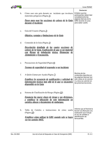 Curso PRIMAP
Rev. 06-2002 Uso de la Guía de Respuesta en Caso de Emergencia (GRE) PL 4–3
Instructor
b. Cómo usar esta guía durante un incidente que involucra
materiales peligrosos (Página 1).
Pasos para usar las secciones de colores de la Guía
durante el incidente
Enfatice que los
participantes deben leer
completamente las
páginas blancas de la
GRE durante el curso
para saber usarla.
c. Guía del Usuario (Página 2)
Objetivo, ventajas y limitaciones de la Guía
d. Contenido de la Guía (Página 3)
Descripción detallada de las cuatro secciones de
colores de la Guía. Explicación de que es un material
con Riesgo de inhalación tóxica. Distancias de
Aislamiento y Evacuación.
e. Precauciones de Seguridad (Página 6)
Normas de seguridad al responder a un incidente
f. A Quién Llamar por Ayuda (Página 7)
Establece la secuencia de notificación y solicitud de
información técnica más allá de lo que se encuentra
disponible en la Guía
Muchos de los
contenidos descritos en
las páginas blancas han
sido vistos en la Lección
3 y otros se cubrirán en
las próximas lecciones.
g. Sistema de Clasificación de Riesgo (Página 13)
Enumera las nueve clases de riesgo y sus divisiones,
y establece la ubicación de esta información en
carteles, placas y documentos de embarque.
h. Tabla de Carteles e instrucciones de cómo usarla
(Página 15)
Establece cómo utilizar la GRE cuando solo se logra
ver los carteles DOT.
Informe que al final de la
lección se efectuará una
evaluación que incluye
el uso de carteles e
identificación de
ferrocarriles.
 