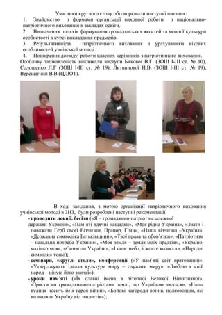 Учасники круглого столу обговорювали наступні питання:
1. Знайомство з формами організації виховної роботи з національно-
патріотичного виховання в закладах освіти.
2. Визначення шляхів формування громадянських якостей та мовної культури
особистості в курсі викладання предметів.
3. Результативність патріотичного виховання з урахуванням вікових
особливостей учнівської молоді.
4. Поширення досвіду роботи класних керівників з патріотичного виховання.
Особливу зацікавленість викликали виступи Бикової В.Г. (ЗОШ І-ІІІ ст. № 10),
Солощенко Л.Г (ЗОШ І-ІІІ ст. № 19), Литвинової Н.В. (ЗОШ І-ІІІ ст. № 19),
Верещагіної В.В (ЦДЮТ).
В ході засідання, з метою організації патріотичного виховання
учнівської молоді в ЗНЗ, були розроблені наступні рекомендації:
- проводити лекції, бесіди («Я – громадянин-патріот незалежної
держави України», «Пам’яті вдячні нащадки», «Моя рідна Україна», «Знати і
поважати Герб своєї Вітчизни, Прапор, Гімн», «Наша вітчизна –Україна»,
«Державна символіка Батьківщини», «Твої права та обов’язки», «Патріотизм
– нагальна потреба України», «Моя земля – земля моїх предків», «Україно,
матінко моя», «Символи України», «І синє небо, і жовте колосся», «Народні
символи» тощо);
- семінари, «круглі столи», конференції («У пам’яті світ врятований»,
«Утверджувати ідеали культури миру – служити миру», «Люблю я свій
народ – ціную його звичаї»);
- уроки пам’яті («Їх славні імена в літописі Великої Вітчизняної»,
«Зростаємо громадянами-патріотами землі, що Україною зветься», «Наша
вулиця носить ім’я героя війни», «Бойові нагороди воїнів, полководців, які
визволяли Україну від нацистів»);
 