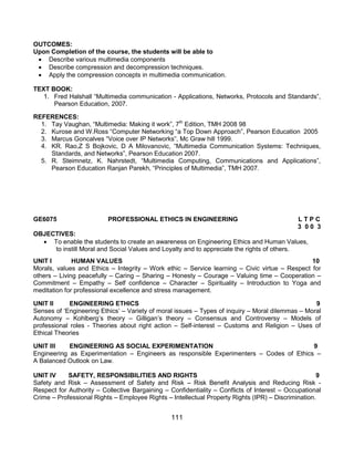 111
OUTCOMES:
Upon Completion of the course, the students will be able to
 Describe various multimedia components
 Describe compression and decompression techniques.
 Apply the compression concepts in multimedia communication.
TEXT BOOK:
1. Fred Halshall “Multimedia communication - Applications, Networks, Protocols and Standards”,
Pearson Education, 2007.
REFERENCES:
1. Tay Vaughan, “Multimedia: Making it work”, 7th
Edition, TMH 2008 98
2. Kurose and W.Ross “Computer Networking “a Top Down Approach”, Pearson Education 2005
3. Marcus Goncalves “Voice over IP Networks”, Mc Graw hill 1999.
4. KR. Rao,Z S Bojkovic, D A Milovanovic, “Multimedia Communication Systems: Techniques,
Standards, and Networks”, Pearson Education 2007.
5. R. Steimnetz, K. Nahrstedt, “Multimedia Computing, Communications and Applications”,
Pearson Education Ranjan Parekh, “Principles of Multimedia”, TMH 2007.
GE6075 PROFESSIONAL ETHICS IN ENGINEERING L T P C
3 0 0 3
OBJECTIVES:
 To enable the students to create an awareness on Engineering Ethics and Human Values,
to instill Moral and Social Values and Loyalty and to appreciate the rights of others.
UNIT I HUMAN VALUES 10
Morals, values and Ethics – Integrity – Work ethic – Service learning – Civic virtue – Respect for
others – Living peacefully – Caring – Sharing – Honesty – Courage – Valuing time – Cooperation –
Commitment – Empathy – Self confidence – Character – Spirituality – Introduction to Yoga and
meditation for professional excellence and stress management.
UNIT II ENGINEERING ETHICS 9
Senses of „Engineering Ethics‟ – Variety of moral issues – Types of inquiry – Moral dilemmas – Moral
Autonomy – Kohlberg‟s theory – Gilligan‟s theory – Consensus and Controversy – Models of
professional roles - Theories about right action – Self-interest – Customs and Religion – Uses of
Ethical Theories
UNIT III ENGINEERING AS SOCIAL EXPERIMENTATION 9
Engineering as Experimentation – Engineers as responsible Experimenters – Codes of Ethics –
A Balanced Outlook on Law.
UNIT IV SAFETY, RESPONSIBILITIES AND RIGHTS 9
Safety and Risk – Assessment of Safety and Risk – Risk Benefit Analysis and Reducing Risk -
Respect for Authority – Collective Bargaining – Confidentiality – Conflicts of Interest – Occupational
Crime – Professional Rights – Employee Rights – Intellectual Property Rights (IPR) – Discrimination.
 
