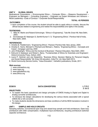 112
UNIT V GLOBAL ISSUES 8
Multinational Corporations – Environmental Ethics – Computer Ethics – Weapons Development –
Engineers as Managers – Consulting Engineers – Engineers as Expert Witnesses and Advisors –
Moral Leadership –Code of Conduct – Corporate Social Responsibility
TOTAL: 45 PERIODS
OUTCOMES:
 Upon completion of the course, the student should be able to apply ethics in society, discuss the
ethical issues related to engineering and realize the responsibilities and rights in the society
TEXTBOOKS:
1. Mike W. Martin and Roland Schinzinger, “Ethics in Engineering”, Tata Mc Graw Hill, New Delhi,
2003.
2. Govindarajan M, Natarajan S, Senthil Kumar V. S, “Engineering Ethics”, Prentice Hall of India,
New Delhi, 2004.
REFERENCES:
1. Charles B. Fleddermann, “Engineering Ethics”, Pearson Prentice Hall, New Jersey, 2004.
2. Charles E. Harris, Michael S. Pritchard and Michael J. Rabins, “Engineering Ethics – Concepts and
Cases”, Cengage Learning, 2009
3. John R Boatright, “Ethics and the Conduct of Business”, Pearson Education, New Delhi, 2003
4. Edmund G Seebauer and Robert L Barry, “Fundamentals of Ethics for Scientists and Engineers”,
Oxford University Press, Oxford, 2001
5. Laura P. Hartman and Joe Desjardins, “Business Ethics: Decision Making for Personal Integrity
and Social Responsibility” Mc Graw Hill education, India Pvt. Ltd.,New Delhi 2013.
6. World Community Service Centre, “Value Education”, Vethathiri publications, Erode, 2011
Web sources:
1. www.onlineethics.org
2. www.nspe.org
3. www.globalethics.org
4. www.ethics.org
EC6019 DATA CONVERTERS L T P C
3 0 0 3
OBJECTIVES:
 To explain the basic operational and design principles of CMOS Analog to Digital and Digital to
Analog converter architectures.
 To introduce the design calculations for developing the various blocks associated with a typical
CMOS AD or DA converter.
 To make students decide the dimensions and bias conditions of all the MOS transistors involved in
the design.
UNIT I SAMPLE AND HOLD CIRCUITS 9
Sampling switches, Conventional open loop and closed loop sample and hold architecture, Open loop
architecture with miller compensation, multiplexed input architectures, recycling architecture switched
capacitor architecture.
 