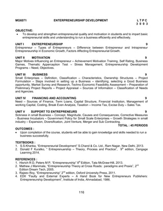 116
MG6071 ENTERPRENEURSHIP DEVELOPMENT L T P C
3 0 0 3
OBJECTIVE:
 To develop and strengthen entrepreneurial quality and motivation in students and to impart basic
entrepreneurial skills and understanding to run a business efficiently and effectively.
UNIT I ENTREPRENEURSHIP 9
Entrepreneur – Types of Entrepreneurs – Difference between Entrepreneur and Intrapreneur
Entrepreneurship in Economic Growth, Factors Affecting Entrepreneurial Growth.
UNIT II MOTIVATION 9
Major Motives Influencing an Entrepreneur – Achievement Motivation Training, Self Rating, Business
Games, Thematic Apperception Test – Stress Management, Entrepreneurship Development
Programs – Need, Objectives.
UNIT III BUSINESS 9
Small Enterprises – Definition, Classification – Characteristics, Ownership Structures – Project
Formulation – Steps involved in setting up a Business – identifying, selecting a Good Business
opportunity, Market Survey and Research, Techno Economic Feasibility Assessment – Preparation of
Preliminary Project Reports – Project Appraisal – Sources of Information – Classification of Needs
and Agencies.
UNIT IV FINANCING AND ACCOUNTING 9
Need – Sources of Finance, Term Loans, Capital Structure, Financial Institution, Management of
working Capital, Costing, Break Even Analysis, Taxation – Income Tax, Excise Duty – Sales Tax.
UNIT V SUPPORT TO ENTREPRENEURS 9
Sickness in small Business – Concept, Magnitude, Causes and Consequences, Corrective Measures
- Business Incubators – Government Policy for Small Scale Enterprises – Growth Strategies in small
industry – Expansion, Diversification, Joint Venture, Merger and Sub Contracting.
TOTAL : 45 PERIODS
OUTCOMES :
 Upon completion of the course, students will be able to gain knowledge and skills needed to run a
business successfully.
TEXTBOOKS :
1. S.S.Khanka, “Entrepreneurial Development” S.Chand & Co. Ltd., Ram Nagar, New Delhi, 2013.
2. Donald F Kuratko, “ Entreprenuership – Theory, Process and Practice”, 9th
edition, Cengage
Learning 2014.
REFERENCES :
1. Hisrich R D, Peters M P, “Entrepreneurship” 8th
Edition, Tata McGraw-Hill, 2013.
2. Mathew J Manimala, “Entrepreneurship Theory at Cross Roads: paradigms and Praxis”, 2nd
Edition Dream Tech, 2005.
3. Rajeev Roy, “Entrepreneurship” 2nd
edition, Oxford University Press, 2011.
4. EDII “Faulty and External Experts – A Hand Book for New Entrepreneurs Publishers:
Entrepreneurship Development”, Institute of India, Ahmadabad, 1986.
 