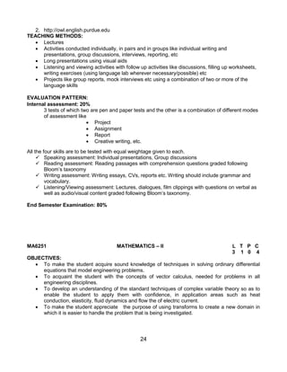 24
2. http://owl.english.purdue.edu
TEACHING METHODS:
 Lectures
 Activities conducted individually, in pairs and in groups like individual writing and
presentations, group discussions, interviews, reporting, etc
 Long presentations using visual aids
 Listening and viewing activities with follow up activities like discussions, filling up worksheets,
writing exercises (using language lab wherever necessary/possible) etc
 Projects like group reports, mock interviews etc using a combination of two or more of the
language skills
EVALUATION PATTERN:
Internal assessment: 20%
3 tests of which two are pen and paper tests and the other is a combination of different modes
of assessment like
 Project
 Assignment
 Report
 Creative writing, etc.
All the four skills are to be tested with equal weightage given to each.
 Speaking assessment: Individual presentations, Group discussions
 Reading assessment: Reading passages with comprehension questions graded following
Bloom‟s taxonomy
 Writing assessment: Writing essays, CVs, reports etc. Writing should include grammar and
vocabulary.
 Listening/Viewing assessment: Lectures, dialogues, film clippings with questions on verbal as
well as audio/visual content graded following Bloom‟s taxonomy.
End Semester Examination: 80%
MA6251 MATHEMATICS – II L T P C
3 1 0 4
OBJECTIVES:
 To make the student acquire sound knowledge of techniques in solving ordinary differential
equations that model engineering problems.
 To acquaint the student with the concepts of vector calculus, needed for problems in all
engineering disciplines.
 To develop an understanding of the standard techniques of complex variable theory so as to
enable the student to apply them with confidence, in application areas such as heat
conduction, elasticity, fluid dynamics and flow the of electric current.
 To make the student appreciate the purpose of using transforms to create a new domain in
which it is easier to handle the problem that is being investigated.
 