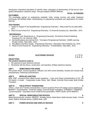 28
introduction- theoretical calculation of calorific value- calculation of stoichiometry of fuel and air ratio-
ignition temperature- explosive range - flue gas analysis (ORSAT Method).
TOTAL: 45 PERIODS
OUTCOMES:
The knowledge gained on engineering materials, fuels, energy sources and water treatment
techniques will facilitate better understanding of engineering processes and applications for further
learning.
TEXT BOOKS:
1. Vairam S, Kalyani P and SubaRamesh.,“Engineering Chemistry”., Wiley India Pvt Ltd.,New Delhi.,
2011
2. Dara S.S and Umare S.S. “Engineering Chemistry”, S. Chand & Company Ltd., New Delhi , 2010
REFERENCES:
1. Kannan P. and Ravikrishnan A., “Engineering Chemistry”, Sri Krishna Hi-tech Publishing
Company Pvt. Ltd. Chennai, 2009
2. AshimaSrivastava and Janhavi N N., “Concepts of Engineering Chemistry”, ACME Learning
Private Limited., New Delhi., 2010.
3. RenuBapna and Renu Gupta., “Engineering Chemistry”, Macmillan India Publisher Ltd., 2010.
4. Pahari A and Chauhan B., “Engineering Chemistry”., Firewall Media., New Delhi., 2010
EC6201 ELECTRONIC DEVICES L T P C
3 0 0 3
OBJECTIVES:
The student should be made to:
 Be exposed to basic electronic devices
 Be familiar with the theory, construction, and operation of Basic electronic devices.
UNIT I SEMICONDUCTOR DIODE 9
PN junction diode, Current equations, Diffusion and drift current densities, forward and reverse bias
characteristics, Switching Characteristics.
UNIT II BIPOLAR JUNCTION 9
NPN -PNP -Junctions-Early effect-Current equations – Input and Output characteristics of CE, CB
CC-Hybrid -π model - h-parameter model, Ebers Moll Model- Gummel Poon-model, Multi Emitter
Transistor.
UNIT III FIELD EFFECT TRANSISTORS 9
JFETs – Drain and Transfer characteristics,-Current equations-Pinch off voltage and its significance-
MOSFET- Characteristics- Threshold voltage -Channel length modulation, D-MOSFET, E-MOSFET-
,Current equation - Equivalent circuit model and its parameters, FINFET,DUAL GATE MOSFET.
UNIT IV SPECIAL SEMICONDUCTOR DEVICES 9
Metal-Semiconductor Junction- MESFET, Schottky barrier diode-Zener diode-Varactor diode –Tunnel
diode- Gallium Arsenide device, LASER diode, LDR.
UNIT V POWER DEVICES AND DISPLAY DEVICES 9
 
