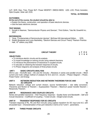 29
UJT, SCR, Diac, Triac, Power BJT- Power MOSFET- DMOS-VMOS. LED, LCD, Photo transistor,
Opto Coupler, Solar cell, CCD.
TOTAL: 45 PERIODS
OUTCOMES:
At the end of the course, the student should be able to:
 Explain the theory, construction, and operation of basic electronic devices.
 Use the basic electronic devices
TEXT BOOKS
1. Donald A Neaman, “Semiconductor Physics and Devices”, Third Edition, Tata Mc GrawHill Inc.
2007.
REFERENCES:
1. Yang, “Fundamentals of Semiconductor devices”, McGraw Hill International Edition, 1978.
2. Robert Boylestad and Louis Nashelsky, “Electron Devices and Circuit Theory” Pearson Prentice
Hall, 10th
edition,July 2008.
EE6201 CIRCUIT THEORY L T P C
3 1 0 4
OBJECTIVES:
 To introduce electric circuits and its analysis
 To impart knowledge on solving circuits using network theorems
 To introduce the phenomenon of resonance in coupled circuits.
 To educate on obtaining the transient response of circuits.
 To Phasor diagrams and analysis of three phase circuits
UNIT I BASIC CIRCUITS ANALYSIS 12
Ohm‟s Law – Kirchoffs laws – DC and AC Circuits – Resistors in series and parallel circuits – Mesh
current and node voltage method of analysis for D.C and A.C. circuits – Phasor Diagram – Power,
Power Factor and Energy
UNIT II NETWORK REDUCTION AND NETWORK THEOREMS FOR DC AND
AC CIRCUITS 12
Network reduction: voltage and current division, source transformation – star delta conversion.
Thevenins and Novton & Theorem – Superposition Theorem – Maximum power transfer theorem –
Reciprocity Theorem.
UNIT III RESONANCE AND COUPLED CIRCUITS 12
Series and paralled resonance – their frequency response – Quality factor and Bandwidth - Self and
mutual inductance – Coefficient of coupling – Tuned circuits – Single tuned circuits.
UNIT IV TRANSIENT RESPONSE FOR DC CIRCUITS 12
Transient response of RL, RC and RLC Circuits using Laplace transform for DC input and A.C. with
sinusoidal input – Characterization of two port networks in terms of Z,Y and h parameters.
UNIT V THREE PHASE CIRCUITS 12
 