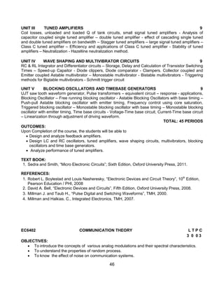 46
UNIT III TUNED AMPLIFIERS 9
Coil losses, unloaded and loaded Q of tank circuits, small signal tuned amplifiers - Analysis of
capacitor coupled single tuned amplifier – double tuned amplifier - effect of cascading single tuned
and double tuned amplifiers on bandwidth – Stagger tuned amplifiers – large signal tuned amplifiers –
Class C tuned amplifier – Efficiency and applications of Class C tuned amplifier - Stability of tuned
amplifiers – Neutralization - Hazeltine neutralization method.
UNIT IV WAVE SHAPING AND MULTIVIBRATOR CIRCUITS 9
RC & RL Integrator and Differentiator circuits – Storage, Delay and Calculation of Transistor Switching
Times – Speed-up Capaitor - Diode clippers, Diode comparator - Clampers. Collector coupled and
Emitter coupled Astable multivibrator – Monostable multivibrator - Bistable multivibrators - Triggering
methods for Bigtable multivibrators - Schmitt trigger circuit
UNIT V BLOCKING OSCILLATORS AND TIMEBASE GENERATORS 9
UJT saw tooth waveform generator, Pulse transformers – equivalent circuit – response - applications,
Blocking Oscillator – Free running blocking oscillator - Astable Blocking Oscillators with base timing –
Push-pull Astable blocking oscillator with emitter timing, Frequency control using core saturation,
Triggered blocking oscillator – Monostable blocking oscillator with base timing – Monostable blocking
oscillator with emitter timing, Time base circuits - Voltage-Time base circuit, Current-Time base circuit
– Linearization through adjustment of driving waveform.
TOTAL: 45 PERIODS
OUTCOMES:
Upon Completion of the course, the students will be able to
 Design and analyze feedback amplifiers.
 Design LC and RC oscillators, tuned amplifiers, wave shaping circuits, multivibrators, blocking
oscillators and time base generators.
 Analyze performance of tuned amplifiers.
TEXT BOOK:
1. Sedra and Smith, “Micro Electronic Circuits”; Sixth Edition, Oxford University Press, 2011.
REFERENCES:
1. Robert L. Boylestad and Louis Nasheresky, “Electronic Devices and Circuit Theory”, 10th
Edition,
Pearson Education / PHI, 2008
2. David A. Bell, “Electronic Devices and Circuits”, Fifth Edition, Oxford University Press, 2008.
3. Millman J. and Taub H., “Pulse Digital and Switching Waveforms”, TMH, 2000.
4. Millman and Halkias. C., Integrated Electronics, TMH, 2007.
EC6402 COMMUNICATION THEORY L T P C
3 0 0 3
OBJECTIVES:
 To introduce the concepts of various analog modulations and their spectral characteristics.
 To understand the properties of random process.
 To know the effect of noise on communication systems.
 