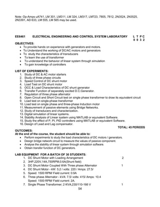 54
Note: Op-Amps uA741, LM 301, LM311, LM 324, LM317, LM723, 7805, 7812, 2N3524, 2N3525,
2N3391, AD 633, LM 555, LM 565 may be used.
EE6461 ELECTRICAL ENGINEERING AND CONTROL SYSTEM LABORATORY L T P C
0 0 3 2
OBJECTIVES:
 To provide hands on experience with generators and motors.
 To Understand the working of DC/AC motors and generators
 To study the characteristics of transducers
 To learn the use of transformer
 To understand the behavior of linear system through simulation
 To gain knowledge of controllers
LIST OF EXPERIMENTS:
1. Study of DC & AC motor starters
2. Study of three phase circuits
3. Speed Control of DC shunt motor
4. Load Test on DC shunt motor
5. OCC & Load Characteristics of DC shunt generator
6. Transfer Function of separately excited D.C.Generator.
7. Regulation of three phase alternator
8. Open Circuit and Short Circuit test on single phase transformer to draw its equivalent circuit
9. Load test on single-phase transformer
10. Load test on single phase and three-phase Induction motor
11. Measurement of passive elements using Bridge Networks.
12. Study of transducers and characterization.
13. Digital simulation of linear systems.
14. Stability Analysis of Linear system using MATLAB or equivalent Software.
15. Study the effect of P, PI, PID controllers using MATLAB or equivalent Software.
16. Design of Lead and Lag compensator.
TOTAL: 45 PERIODS
OUTCOMES:
At the end of the course, the student should be able to:
 Perform experiments to study the load characteristics of DC motors / generators.
 Design bridge network circuit to measure the values of passive component.
 Analyse the stability of linear system through simulation software.
 Obtain transfer function of DC generators.
LAB EQUIPMENT FOR A BATCH OF 30 STUDENTS:
1. DC Shunt Motor with Loading Arrangement 2
2. 3HP,220V,14A,750RPM,0.6A(Shunt field)
3. DC Shunt Motor Coupled With Three phase Alternator 1
4. DC Shunt Motor - kW: 5.2 / volts: 220 / Amps: 27.5/
5. Speed: 1500 RPM/ Field current: 0.9A
6. Three phase Alternator - kVA: 7.5/ volts: 415/ Amps: 10.4
Speed: 1500 RPM/ Field current: 2A.
7. Single Phase Transformer; 2 KVA,230/110-166 V 1
 