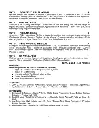 57
UNIT I DISCRETE FOURIER TRANSFORM 9
Discrete Signals and Systems- A Review – Introduction to DFT – Properties of DFT – Circular
Convolution - Filtering methods based on DFT – FFT Algorithms –Decimation in time Algorithms,
Decimation in frequency Algorithms – Use of FFT in Linear Filtering.
UNIT II IIR FILTER DESIGN 9
Structures of IIR – Analog filter design – Discrete time IIR filter from analog filter – IIR filter design by
Impulse Invariance, Bilinear transformation, Approximation of derivatives – (LPF, HPF, BPF, BRF)
filter design using frequency translation.
UNIT III FIR FILTER DESIGN 9
Structures of FIR – Linear phase FIR filter – Fourier Series - Filter design using windowing techniques
(Rectangular Window, Hamming Window, Hanning Window), Frequency sampling techniques – Finite
word length effects in digital Filters: Errors, Limit Cycle, Noise Power Spectrum.
UNIT IV FINITE WORDLENGTH EFFECTS 9
Fixed point and floating point number representations – ADC –Quantization- Truncation and Rounding
errors - Quantization noise – coefficient quantization error – Product quantization error - Overflow
error – Roundoff noise power - limit cycle oscillations due to product round off and overflow errors –
Principle of scaling
UNIT V DSP APPLICATIONS 9
Multirate signal processing: Decimation, Interpolation, Sampling rate conversion by a rational factor –
Adaptive Filters: Introduction, Applications of adaptive filtering to equalization.
TOTAL (L:45+T:15): 60 PERIODS
OUTCOMES:
Upon completion of the course, students will be able to
 apply DFT for the analysis of digital signals & systems
 design IIR and FIR filters
 characterize finite Word length effect on filters
 design the Multirate Filters
 apply Adaptive Filters to equalization
TEXT BOOK:
1. John G. Proakis & Dimitris G.Manolakis, “Digital Signal Processing – Principles, Algorithms &
Applications”, Fourth Edition, Pearson Education / Prentice Hall, 2007.
REFERENCES:
1. Emmanuel C..Ifeachor, & Barrie.W.Jervis, “Digital Signal Processing”, Second Edition, Pearson
Education / Prentice Hall, 2002.
2. Sanjit K. Mitra, “Digital Signal Processing – A Computer Based Approach”, Tata Mc Graw Hill,
2007.
3. A.V.Oppenheim, R.W. Schafer and J.R. Buck, “Discrete-Time Signal Processing”, 8th
Indian
Reprint, Pearson, 2004.
4. Andreas Antoniou, “Digital Signal Processing”, Tata Mc Graw Hill, 2006.
 