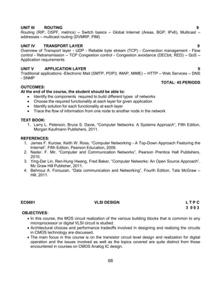 68
UNIT III ROUTING 9
Routing (RIP, OSPF, metrics) – Switch basics – Global Internet (Areas, BGP, IPv6), Multicast –
addresses – multicast routing (DVMRP, PIM)
UNIT IV TRANSPORT LAYER 9
Overview of Transport layer - UDP - Reliable byte stream (TCP) - Connection management - Flow
control - Retransmission – TCP Congestion control - Congestion avoidance (DECbit, RED) – QoS –
Application requirements
UNIT V APPLICATION LAYER 9
Traditional applications -Electronic Mail (SMTP, POP3, IMAP, MIME) – HTTP – Web Services – DNS
- SNMP
TOTAL: 45 PERIODS
OUTCOMES:
At the end of the course, the student should be able to:
 Identify the components required to build different types of networks
 Choose the required functionality at each layer for given application
 Identify solution for each functionality at each layer
 Trace the flow of information from one node to another node in the network
TEXT BOOK:
1. Larry L. Peterson, Bruce S. Davie, “Computer Networks: A Systems Approach”, Fifth Edition,
Morgan Kaufmann Publishers, 2011.
REFERENCES:
1. James F. Kurose, Keith W. Ross, “Computer Networking - A Top-Down Approach Featuring the
Internet”, Fifth Edition, Pearson Education, 2009.
2. Nader. F. Mir, “Computer and Communication Networks”, Pearson Prentice Hall Publishers,
2010.
3. Ying-Dar Lin, Ren-Hung Hwang, Fred Baker, “Computer Networks: An Open Source Approach”,
Mc Graw Hill Publisher, 2011.
4. Behrouz A. Forouzan, “Data communication and Networking”, Fourth Edition, Tata McGraw –
Hill, 2011.
EC6601 VLSI DESIGN L T P C
3 0 0 3
OBJECTIVES:
 In this course, the MOS circuit realization of the various building blocks that is common to any
microprocessor or digital VLSI circuit is studied.
 Architectural choices and performance tradeoffs involved in designing and realizing the circuits
in CMOS technology are discussed.
 The main focus in this course is on the transistor circuit level design and realization for digital
operation and the issues involved as well as the topics covered are quite distinct from those
encountered in courses on CMOS Analog IC design.
 