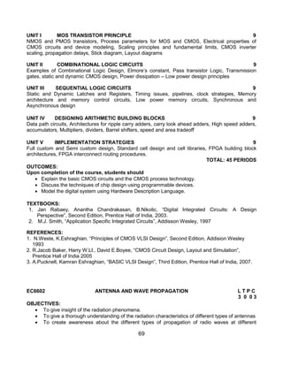 69
UNIT I MOS TRANSISTOR PRINCIPLE 9
NMOS and PMOS transistors, Process parameters for MOS and CMOS, Electrical properties of
CMOS circuits and device modeling, Scaling principles and fundamental limits, CMOS inverter
scaling, propagation delays, Stick diagram, Layout diagrams
UNIT II COMBINATIONAL LOGIC CIRCUITS 9
Examples of Combinational Logic Design, Elmore‟s constant, Pass transistor Logic, Transmission
gates, static and dynamic CMOS design, Power dissipation – Low power design principles
UNIT III SEQUENTIAL LOGIC CIRCUITS 9
Static and Dynamic Latches and Registers, Timing issues, pipelines, clock strategies, Memory
architecture and memory control circuits, Low power memory circuits, Synchronous and
Asynchronous design
UNIT IV DESIGNING ARITHMETIC BUILDING BLOCKS 9
Data path circuits, Architectures for ripple carry adders, carry look ahead adders, High speed adders,
accumulators, Multipliers, dividers, Barrel shifters, speed and area tradeoff
UNIT V IMPLEMENTATION STRATEGIES 9
Full custom and Semi custom design, Standard cell design and cell libraries, FPGA building block
architectures, FPGA interconnect routing procedures.
TOTAL: 45 PERIODS
OUTCOMES:
Upon completion of the course, students should
 Explain the basic CMOS circuits and the CMOS process technology.
 Discuss the techniques of chip design using programmable devices.
 Model the digital system using Hardware Description Language.
TEXTBOOKS:
1. Jan Rabaey, Anantha Chandrakasan, B.Nikolic, “Digital Integrated Circuits: A Design
Perspective”, Second Edition, Prentice Hall of India, 2003.
2. M.J. Smith, “Application Specific Integrated Circuits”, Addisson Wesley, 1997
REFERENCES:
1. N.Weste, K.Eshraghian, “Principles of CMOS VLSI Design”, Second Edition, Addision Wesley
1993
2. R.Jacob Baker, Harry W.LI., David E.Boyee, “CMOS Circuit Design, Layout and Simulation”,
Prentice Hall of India 2005
3. A.Pucknell, Kamran Eshraghian, “BASIC VLSI Design”, Third Edition, Prentice Hall of India, 2007.
EC6602 ANTENNA AND WAVE PROPAGATION L T P C
3 0 0 3
OBJECTIVES:
 To give insight of the radiation phenomena.
 To give a thorough understanding of the radiation characteristics of different types of antennas
 To create awareness about the different types of propagation of radio waves at different
 