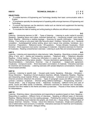 7
HS6151 TECHNICAL ENGLISH – I L T P C
3 1 0 4
OBJECTIVES:
 To enable learners of Engineering and Technology develop their basic communication skills in
English.
 To emphasize specially the development of speaking skills amongst learners of Engineering and
Technology.
 To ensure that learners use the electronic media such as internet and supplement the learning
materials used in the classroom.
 To inculcate the habit of reading and writing leading to effective and efficient communication.
UNIT I 9+3
Listening - Introducing learners to GIE - Types of listening - Listening to audio (verbal & sounds);
Speaking - Speaking about one‟s place, important festivals etc. – Introducing oneself, one‟s family /
friend; Reading - Skimming a reading passage – Scanning for specific information - Note-making;
Writing - Free writing on any given topic (My favourite place / Hobbies / School life, etc.) - Sentence
completion - Autobiographical writing (writing about one‟s leisure time activities, hometown, etc.);
Grammar - Prepositions - Reference words - Wh-questions - Tenses (Simple); Vocabulary - Word
formation - Word expansion (root words / etymology); E-materials - Interactive exercises for Grammar
& Vocabulary - Reading comprehension exercises - Listening to audio files and answering questions.
UNIT II 9+3
Listening - Listening and responding to video lectures / talks; Speaking - Describing a simple process
(filling a form, etc.) - Asking and answering questions - Telephone skills – Telephone etiquette;
Reading – Critical reading - Finding key information in a given text - Sifting facts from opinions;
Writing - Biographical writing (place, people) - Process descriptions (general/specific) - Definitions -
Recommendations – Instructions; Grammar - Use of imperatives - Subject-verb agreement;
Vocabulary - Compound words - Word Association (connotation); E-materials - Interactive exercises
for Grammar and Vocabulary - Listening exercises with sample telephone conversations / lectures –
Picture-based activities.
UNIT III 9+3
Listening - Listening to specific task - focused audio tracks; Speaking - Role-play – Simulation -
Group interaction - Speaking in formal situations (teachers, officials, foreigners); Reading - Reading
and interpreting visual material; Writing - Jumbled sentences - Coherence and cohesion in writing -
Channel conversion (flowchart into process) - Types of paragraph (cause and effect / compare and
contrast / narrative / analytical) - Informal writing (letter/e-mail/blogs) - Paraphrasing; Grammar -
Tenses (Past) - Use of sequence words - Adjectives; Vocabulary - Different forms and uses of
words, Cause and effect words; E-materials - Interactive exercises for Grammar and Vocabulary -
Excerpts from films related to the theme and follow up exercises - Pictures of flow charts and tables
for interpretations.
UNIT IV 9+3
Listening - Watching videos / documentaries and responding to questions based on them; Speaking -
Responding to questions - Different forms of interviews - Speaking at different types of interviews;
Reading - Making inference from the reading passage - Predicting the content of a reading passage;
Writing - Interpreting visual materials (line graphs, pie charts etc.) - Essay writing – Different types of
essays; Grammar - Adverbs – Tenses – future time reference; Vocabulary - Single word substitutes -
Use of abbreviations and acronyms; E-materials - Interactive exercises for Grammar and Vocabulary -
Sample interviews - film scenes - dialogue writing.
 